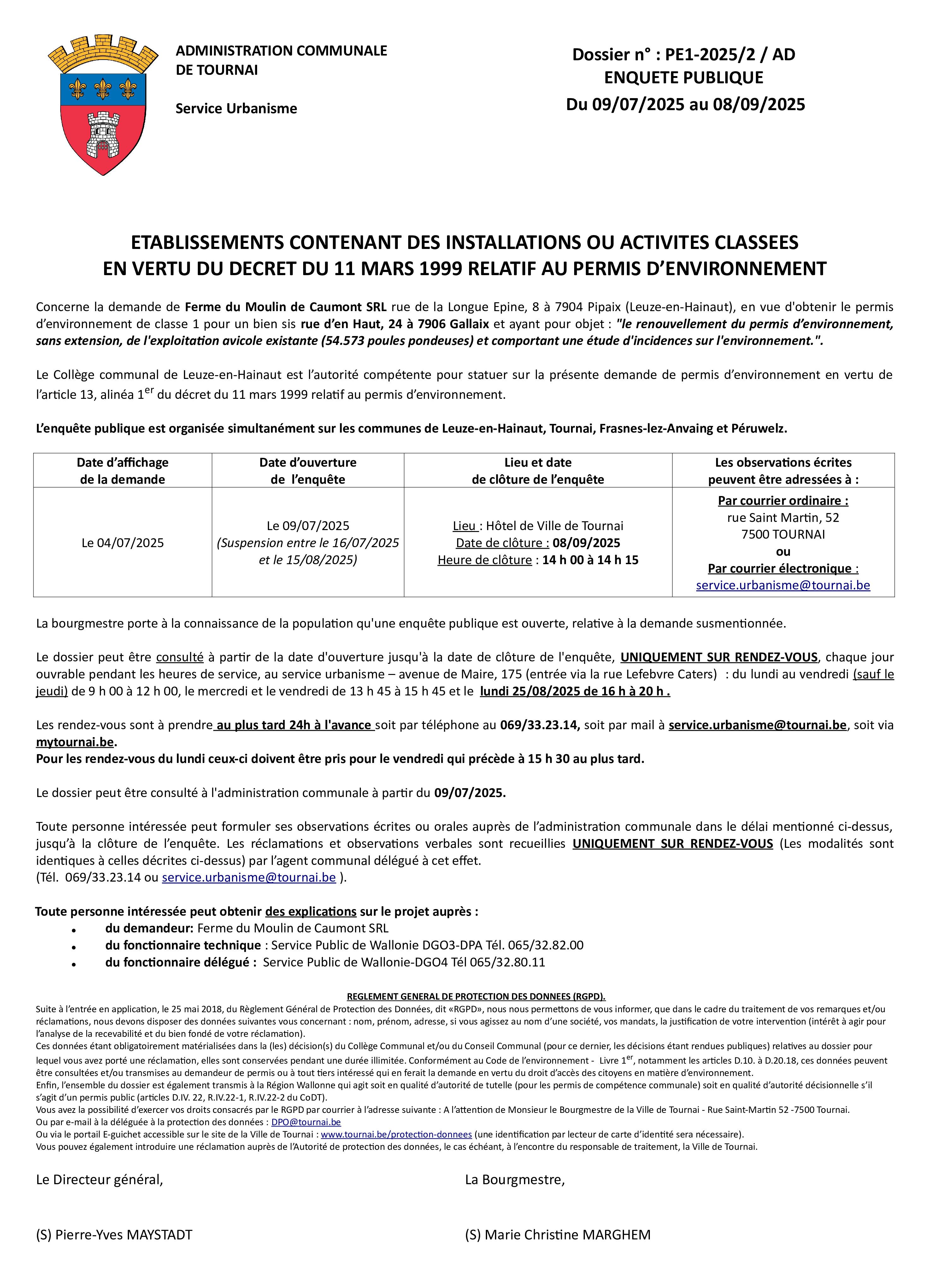 Avis d'enquête concernant une exploitation avicole à la demande de la Ferme du Moulin de Caumont SRL